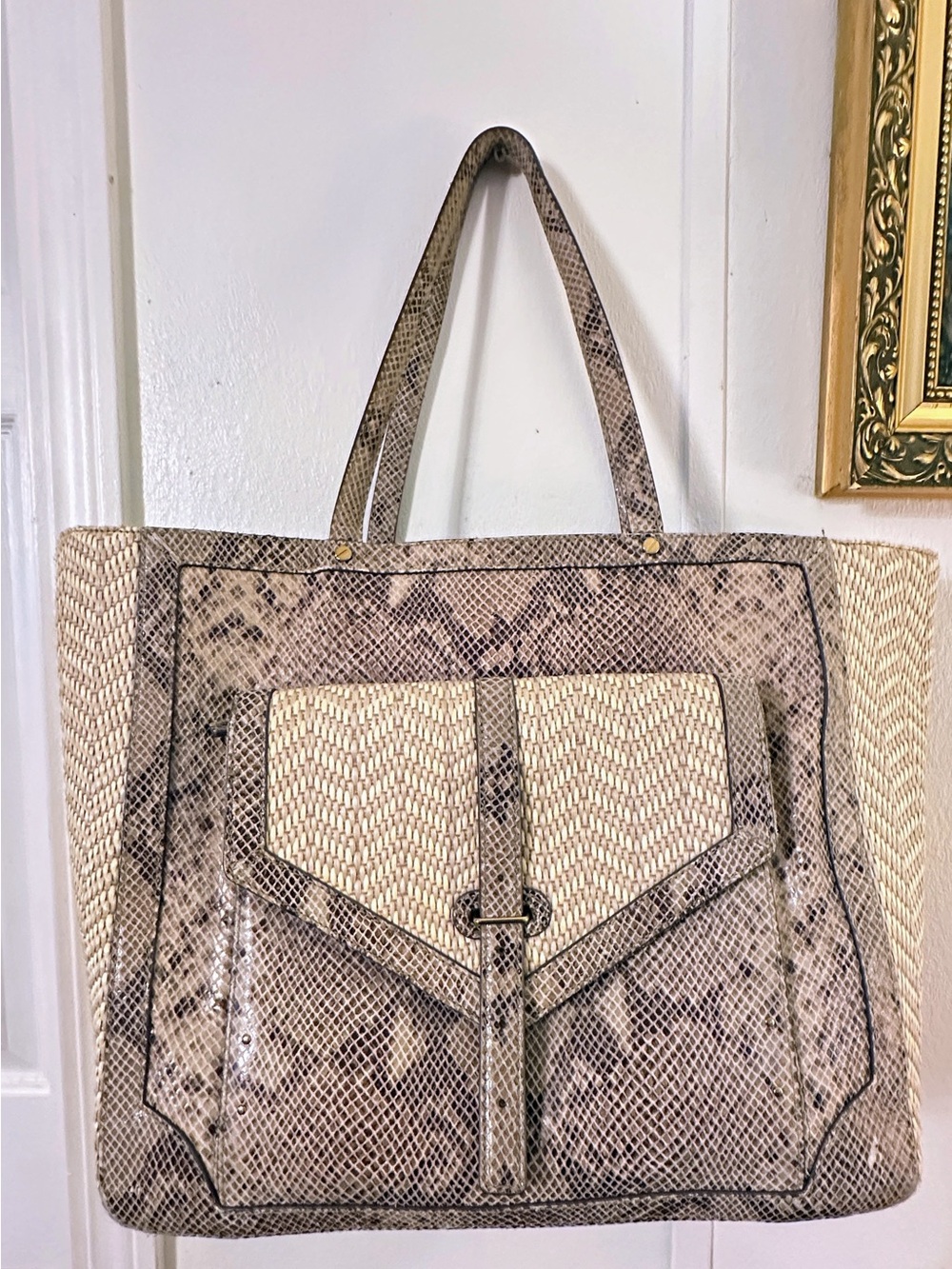 Tory Burch Neutral Snake-Print Woven Pocket Tote